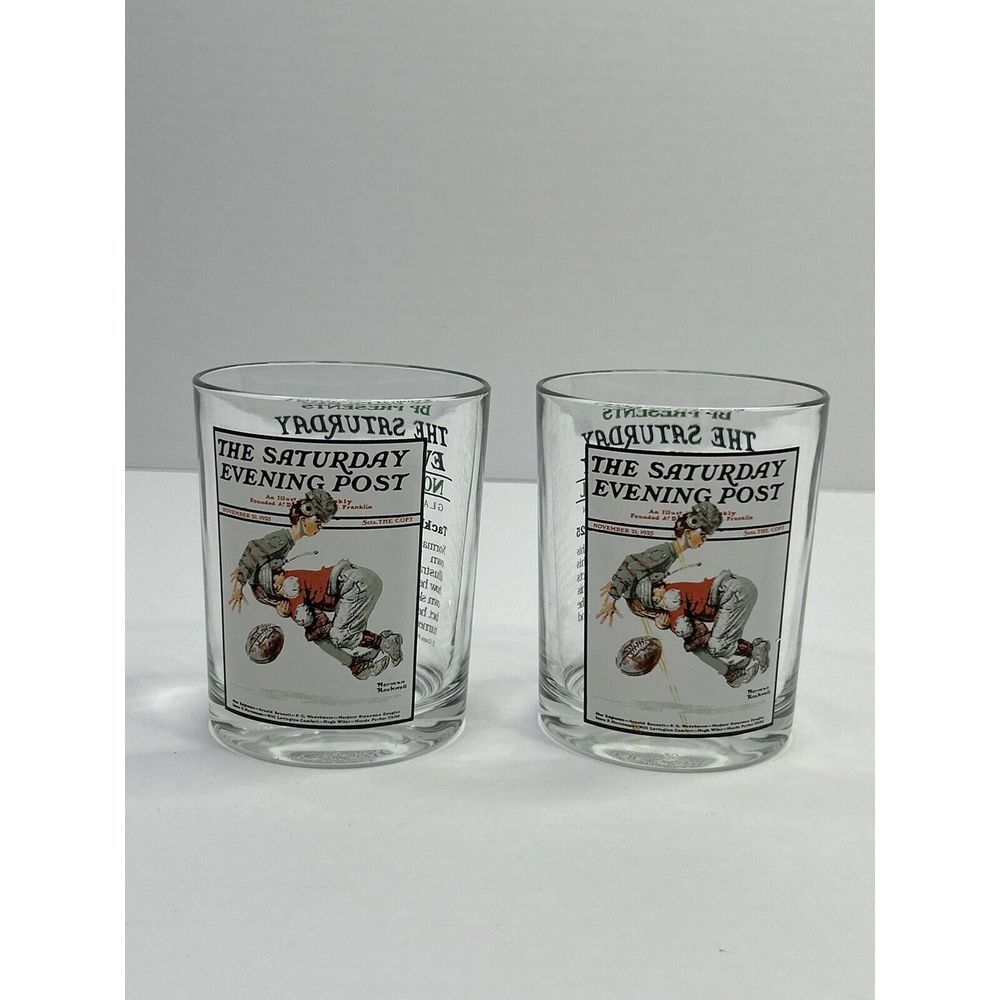 Vintage Norman Rockwell The Saturday Evening Post Tackled Set Of 2 Glasses Flaws